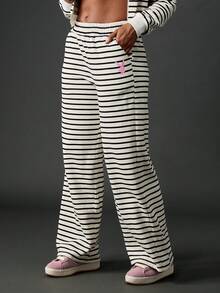 Missguided x Playboy 条纹阔腿慢跑家居裤复古风格舒适休闲裤弹性腰部休闲假日休闲裤带有粉色徽标细节 - 黑與白 - 查看 2