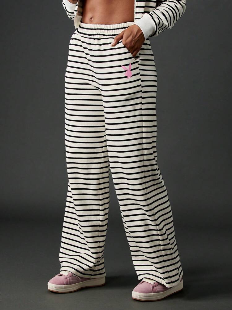 Missguided x Playboy Striped Wide Leg Joggers Loungewear Pants Retro Style Comfort Fit Casual Bottoms With Elastic Waist Relaxed Holiday Lounge Pants With Pink Logo Details