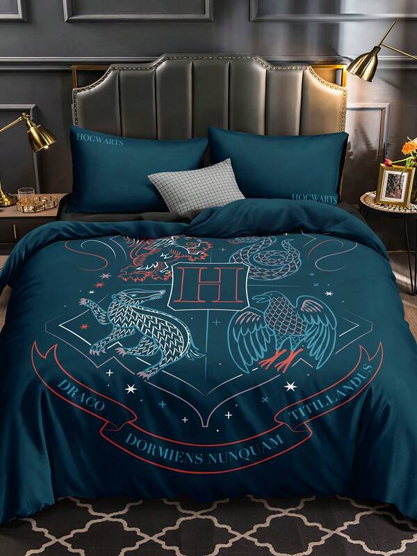 HARRY POTTER X SHEIN Set biancheria da letto con emblemi delle quattro casate di Hogwarts, regalo