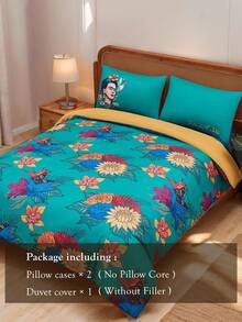 Frida Kahlo X SHEIN 三件套复古印花被套，采用磨毛面料，柔软保暖，多种尺寸可选，适用于单人床/双人床/大号床/特大号床，适合夏季、春季、海滩、度假、花卉主题。 - 墨綠色 - 查看 8