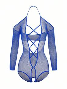 SHEIN 女士亮面网眼镂空长袖连体衣外出内衣 - 寶藍色 - 查看 1