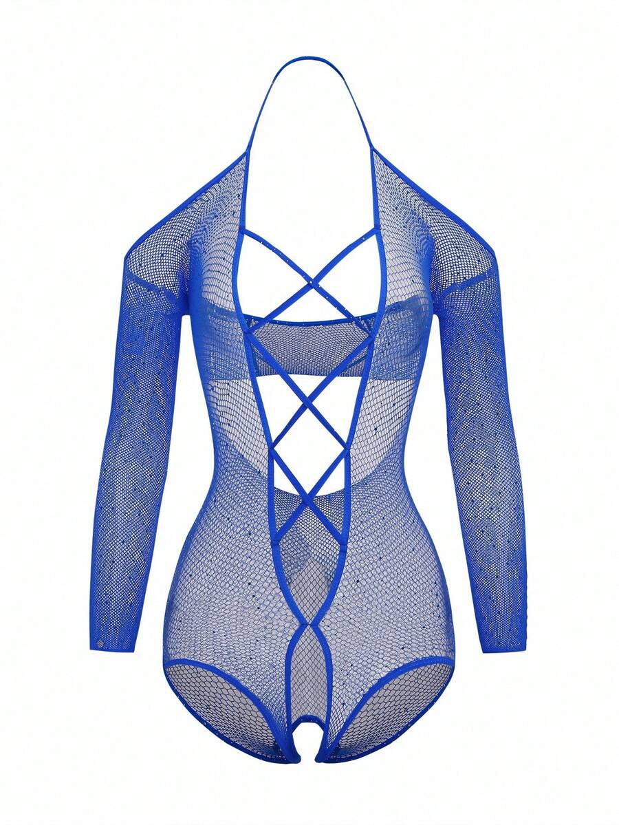 SHEIN 女士亮面网眼镂空长袖连体衣外出内衣 - 寶藍色 - 查看 1
