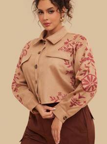 SHEIN VCAY 大码女式卡其色长袖短款外套，图案外套，秋冬女装，适合学校、返校节、商务休闲、教堂、乡村音乐会等场合，棕色上衣，纽扣外套，外出上衣，秋季长袖女式上衣