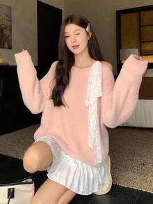 DAZY 女士圆领露肩休闲韩版蝴蝶结针织毛衣，秋冬 - 淺粉色 - 查看 7