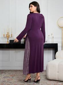 Modelyn Plus Size Women Elegant Fitted Mesh Patchwork Long Sleeve Dress Fall Cloth For Women - Purple - View 2