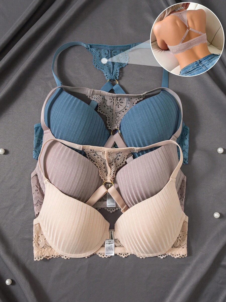 SHEIN 3件套前开扣性感蕾丝拼接文胸套装 - 彩色 - 查看 1