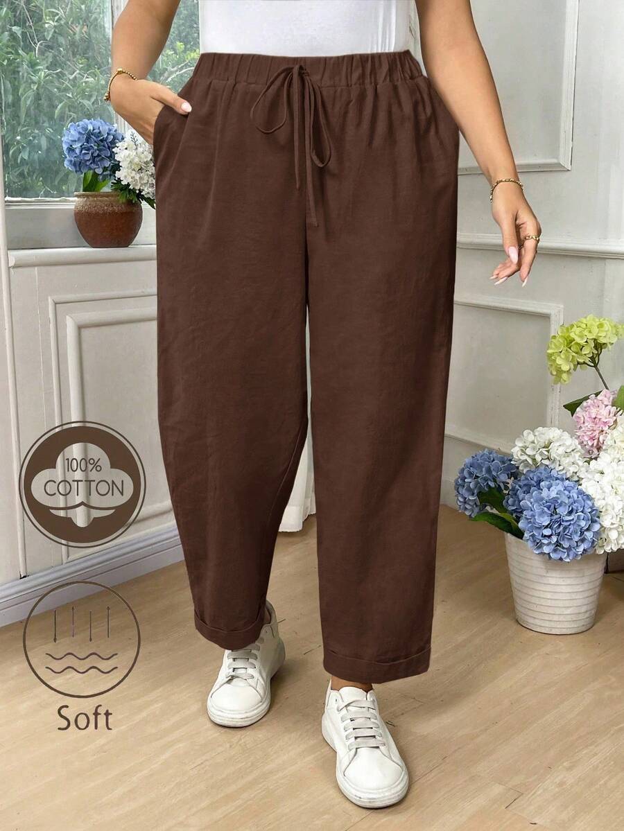 EMERY ROSE Pantalones entallados de algodón de unicolor con bolsillo y lazo en la cintura para mujer de talla grande - Marrón Chocolate - Ver 1
