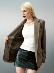 Airlisse 女士人字纹羊毛西装外套搭配褶裥中长裙套装，正式优雅 - 摩卡棕 - 查看 7