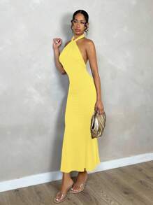 SHEIN PETITE 女士优雅简约纯色露背扭纹紧身长裙，适合日常穿着