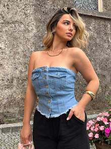 Jeta Ari 毛邊下擺鈕扣前筒牛仔上衣 - 淺色水洗藍 - 查看 1