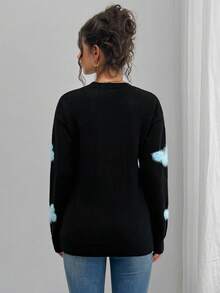 SHEIN 孕妇休闲蝴蝶图案圆领落肩毛衣，秋冬 - 黑色 - 查看 2