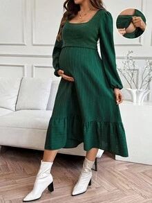 SHEIN 孕妇休闲通勤纯色哺乳连衣裙 - 綠色 - 查看 3