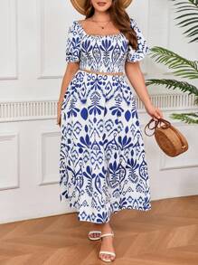 SHEIN PETITE Plus Size Women Casual Vacation Blouse & Skirt 2 Pieces Set - Multicolor - View 6