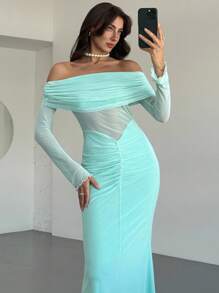 Aloruh 女士时尚优雅露肩荷叶边连衣裙 - 藍色 - 查看 8