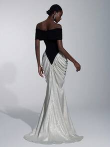 Elitara 优雅奢华黑白缎面拼布涂层面料不对称露肩荷叶边鱼尾下摆正式晚礼服女式 - 黑與白 - 查看 3