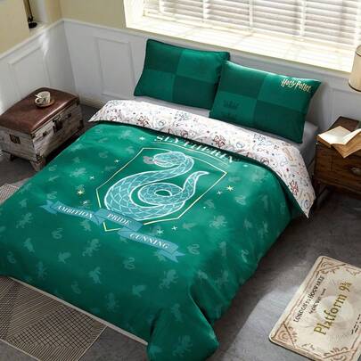HARRY POTTER X SHEIN 3pc Green Serpentine Down Comforter Set, Gifts,Suitable For Single Bed/Double Bed/Queen Bed/King Bed, Dormitory/Home