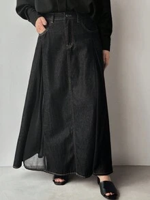 FRIFUL 女士纯色休闲牛仔迷你裙 长款黑色裙子 开衩长裙 开衩黑色牛仔长裙 薄纱长裙 - 黑色 - 查看 6