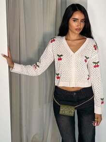 Glamine 女士樱桃图案镂空长袖单排扣休闲薄款开衫 - 杏色 - 查看 5