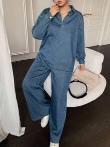 Dazy Plus 2 件套水洗蓝色牛仔领套头衫和宽松直筒牛仔裤，大码，春秋季 - 藍色 - 查看 6