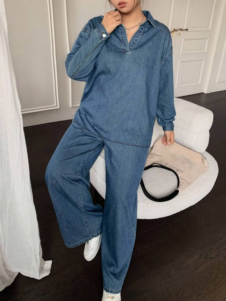 2pcs Set Washed Blue Denim Collared Pullover Top And Relaxed Straight Leg Jeans, Plus Size, Spring/Autumn