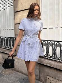 Chiquease 法国白色波点优雅单排扣立领收腰束腰连衣裙 - 白色 - 查看 5