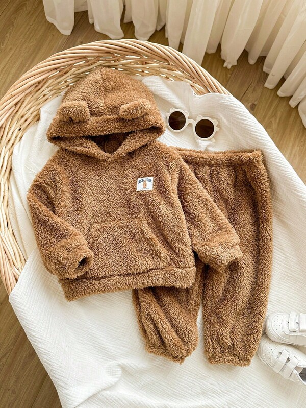 SHEIN 2pcs/Set Baby Boy/Girl Cute Brown Furry Hooded Sweatshirt And Jogger Pants Tracksuit Set, Unisex Baby Clothes, Baby Winter Clothes