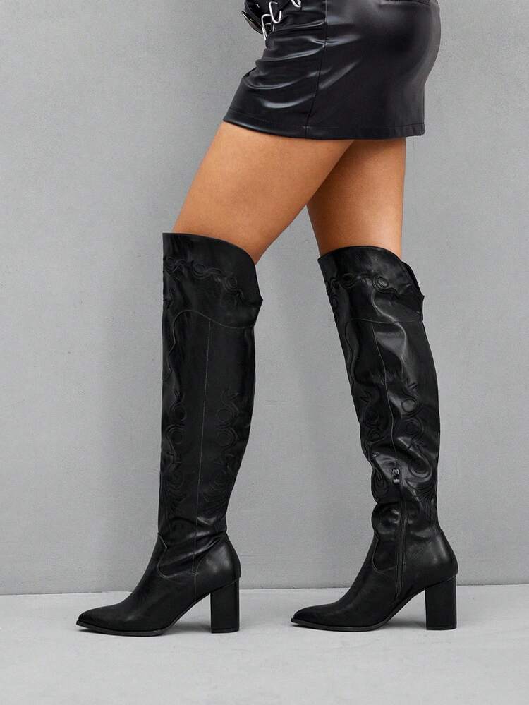 CUCCOO SZL Botas altas de vestir de mujer con bordado negro, estilo británico de caballero, con puntera sexy, hebilla, tacón grueso, ajuste delgado y caña alta sobre la rodilla