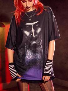 The Nun X SHEIN Kaos Lengan Pendek Leher Bulat Hitam dengan Gambar Tokoh Film Horor - Hitam - View 5