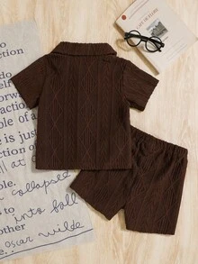 SHEIN Vintaside Kids Unisex Newborn-1 Year Old Baby Apricot Short Sleeve Shirt & Shorts Set, Textured Fabric Outfit Suitable For Summer Outings