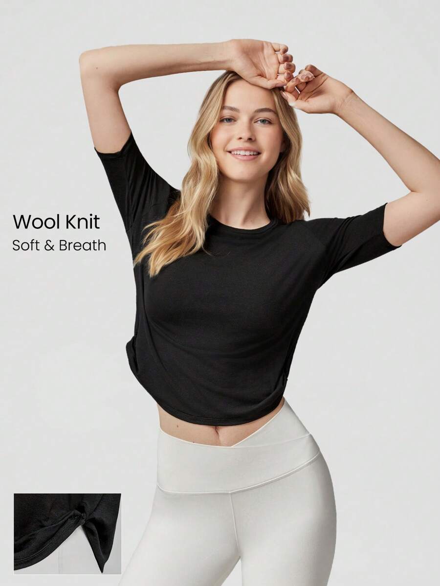 GLOWMODE Wool Knit Soft Knotted T-Shirt Casual Daily Baby Tee - Black - View 1