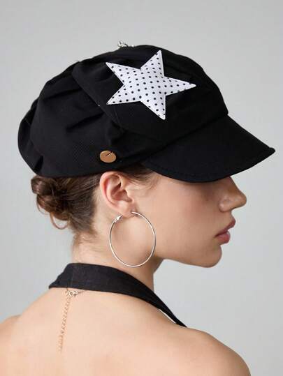 Grunge Punk 1pc Black Y2K Punk Retro Polka Dot Star Millennium Streetwear Vibe Metal Clip Chained Fashion Beret Hat For Women, Suitable For Casual, Travel And More