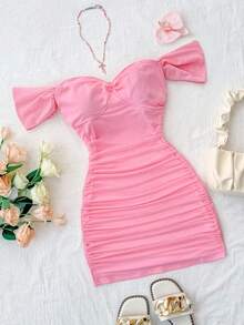 Váy lưới lệch vai màu hồng cho bé gái tuổi teen, trang phục đi nghỉ dưỡng cho bé gái, trang phục dự tiệc mùa hè cho bé gái tuổi teen, váy dạ hội cho bé gái - Hồng - Xem 1