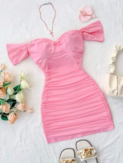 Vestido rosa ajustado con hombros descubiertos y malla de punto de unicolor para vacaciones para niñas preadolescentes, ropa de resort para adolescentes, conjunto de verano para fiestas, vestido de graduación para jovencitas
