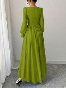 Modelyn 女士绿色长袖束腰中长连衣裙，优雅法式风格 - 綠色 - 查看 2