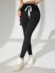 Modelyn Women's Solid Color Drawstring Skinny Pocket Leggings Fall Cloth For Women