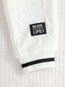 SHEIN Playful Pals 2 件幼儿男童休闲字母针织提花饰边罗纹圆领长袖运动衫和松紧腰裤套装，适合外出、日常休闲装、旅行，6 个月至 3 岁 - 白色 - 查看 7