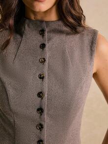 Poéselle Women's Elegant Brown Summer Office Sleeveless Blouse,Solid Color Front Button Placket Slit Top,Casual Old Money Style Fall/Winter Blouses For Ladies - Brown - View 3