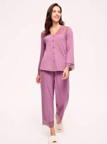 LUVLETTE Autumn And Winter Soft 100% Pure Cotton Misty Forest Style Lace Elegance Trim Button-Up Top & Pants Loungewear Women Airy Pajama Sets Pants With Pockets Romantic Living Cozy At Home Fall Pajamas Clothes - Purple - View 4