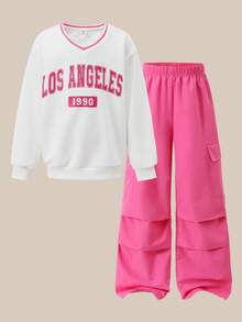 SHEIN Tween Girl Two Pieces Set: White Sweatshirt With Letter Print Top And Fuchsia Woven Cargo PantsAutumn/Winter.2025 Back-To-School Season Kids College Outfits And Campus Sportswear - Hot Pink - View 7