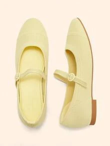 CUCCOO BASICS 女士时尚浅黄色面料舒适透气玛丽珍平底鞋，适合通勤、约会、派对、度假 - 黃色 - 查看 5