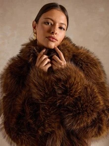 SHEIN BAE Women's Autumn/Winter Fashion Striped Faux Fur Jacket,Autumn-Winter Fur Coat,Fur Coat Women ,Faux Fur Coat,Elegant Fur Coat - Chocolate Brown - View 7