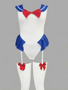 SHEIN 3pcs/Set Halloween Party Sexy Suspender Bodystocking + 2pcs Socks Anime Cosplay Cosplay Lingerie - Blue and White - View 6