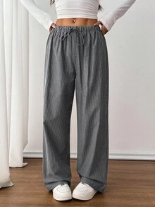 SHEIN PETITE 女士灰色休閒居家條紋長褲，適合春夏，工裝褲細條紋褲，適合嬌小女性 - 黑色 - 查看 10