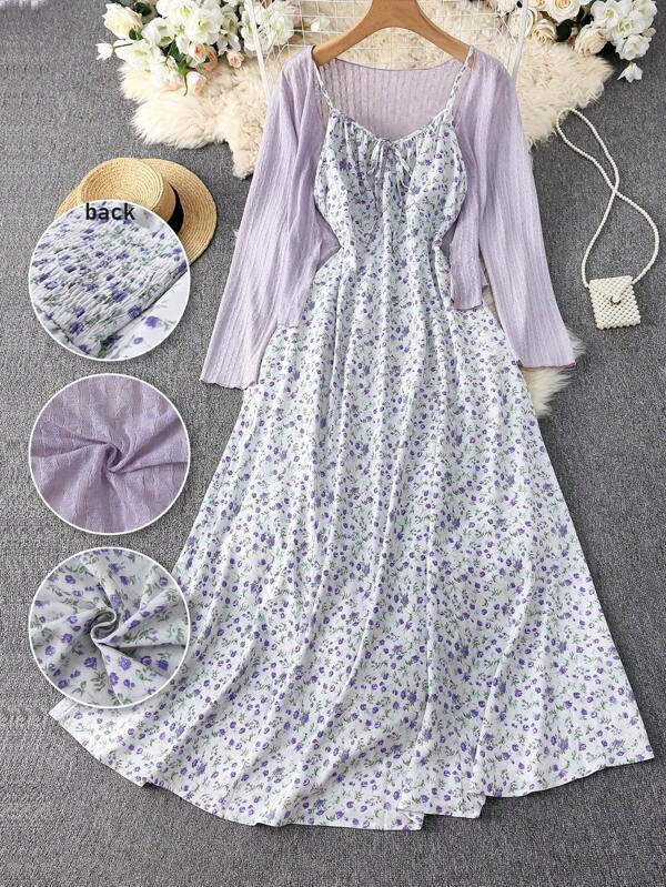 DreamSkyne Plus Size Women Comfortable Vintage Elegant Daily Soft Thin Long Sleeve Jacket + Floral Slip Dress Waist Tie A-Line Maxi Dress 2 Pieces Set Fall Cloth For Women