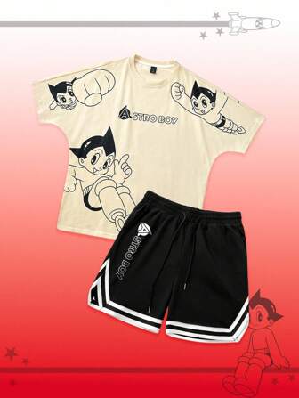Astro Boy X ROMWE Men's Casual Cartoon Figure Graphic T-Shirt Paired With Sports Shorts, Suitable For Spring & Summer