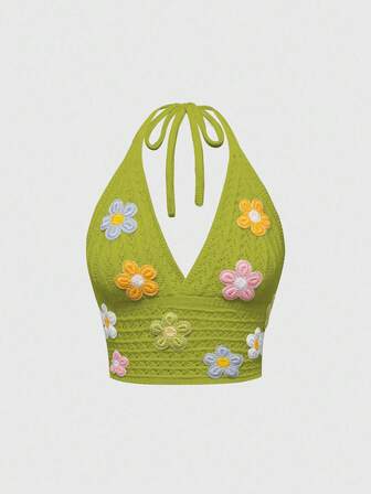 Damen Häkel Blumen Neckholder Urlaubs Top
