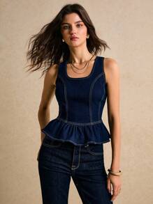 Poéselle 女士牛仔背心上衣深蓝色背心腰部荷叶边下摆上衣秋季上衣万圣节工作上衣露肩上衣 - 深色水洗藍 - 查看 5