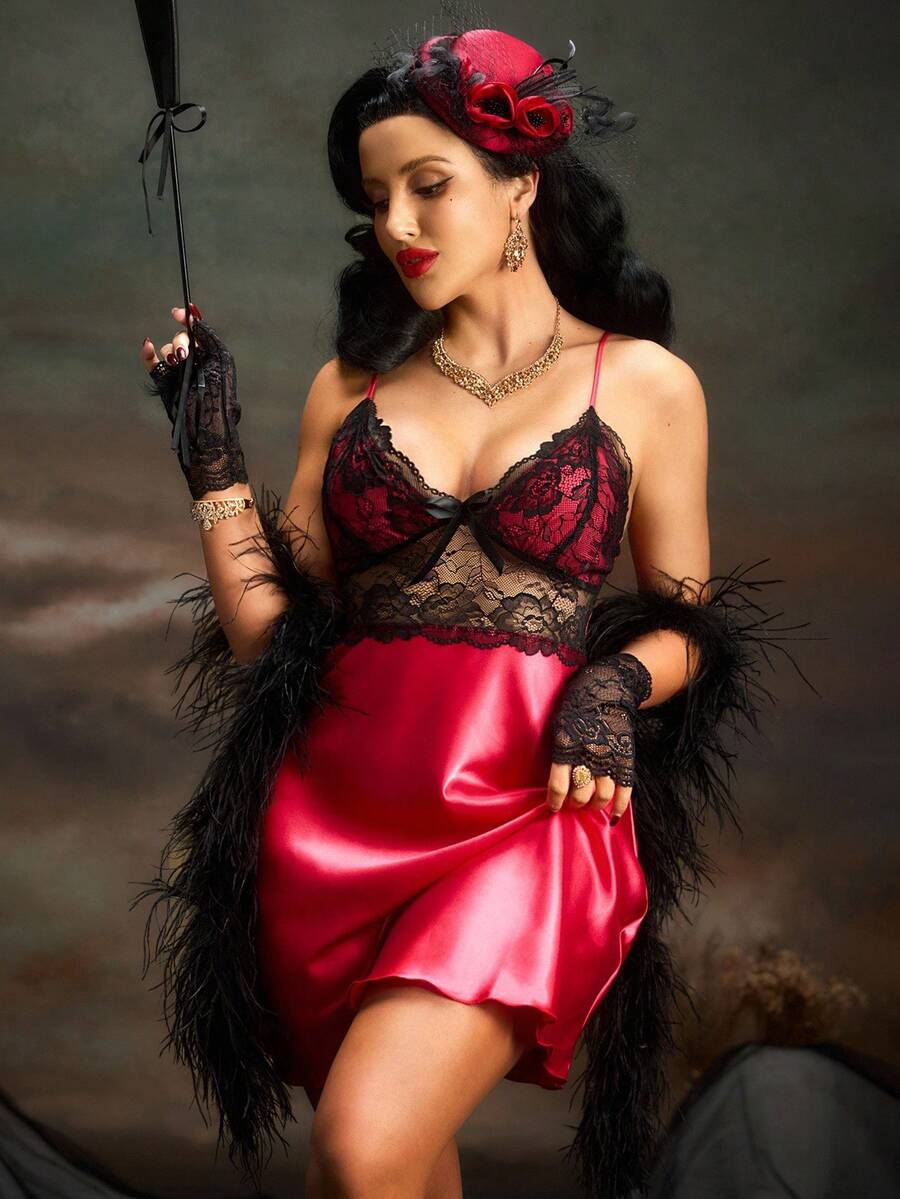 PinupPomp 法式性感蕾丝拼布缎面女士睡袍 - 酒紅色 - 查看 1