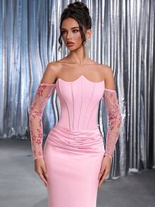Glamrae Elegantes rosa Trägertop mit asymmetrischem Ausschnitt (abnehmbar) und wunderschönen Mesh-Pailletten, Langarm, Fischschwanz-Patchwork-Taille, plissierte Verzierung, glänzender Satin-Fischschwanz-Schleppe, geeignet für Date, Urlaub, Hochzeit und Veranstaltung, schweres Abendkleid (Herbst und Winter), Herbstkleider für Frauen