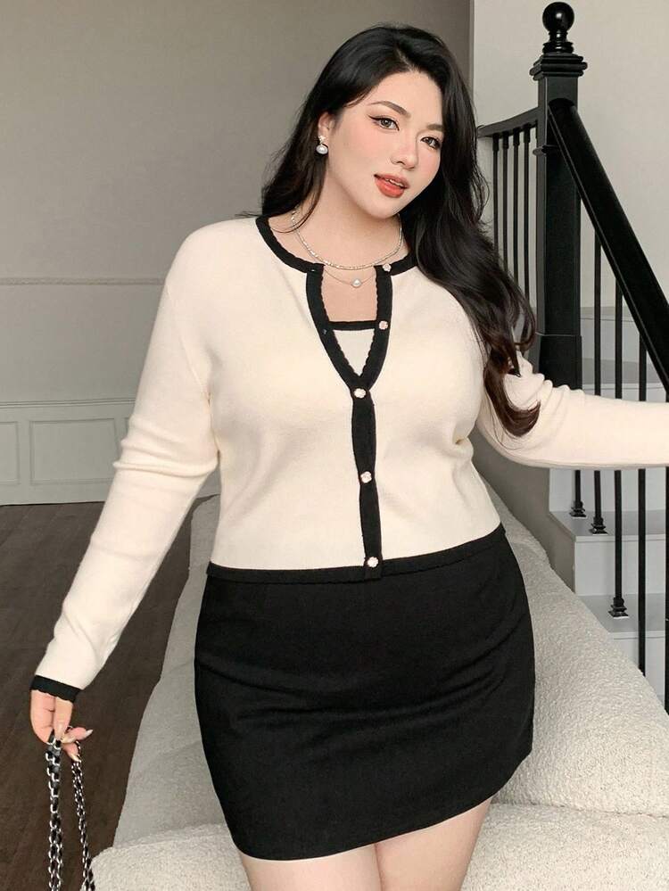 Dazy Plus Color Block Collar Sleeveless Cardigan Casual Autumn/Winter Plus Size Women Sweater Set